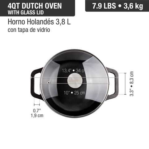 Horno Holandés hierro fundido 3.8 L Olla  Tapa de Vidrio templada Dutch Oven